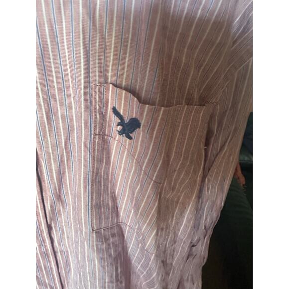 American Eagle Men’s Red Striped Button-Up Shirt | Cotton Casual - Picture 2 of 8